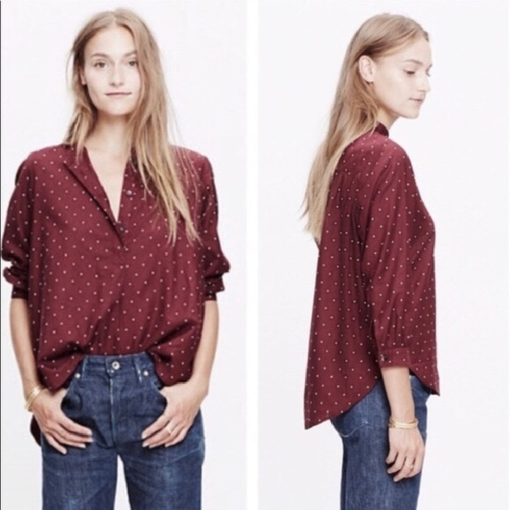 Madewell maroon red polka dot button popover top